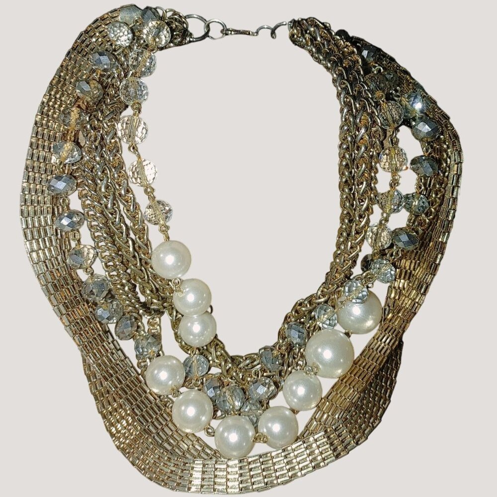 Statement Necklace Multi 8 Strand Glass Crystals Faux Pearls Gold Silver Chunky